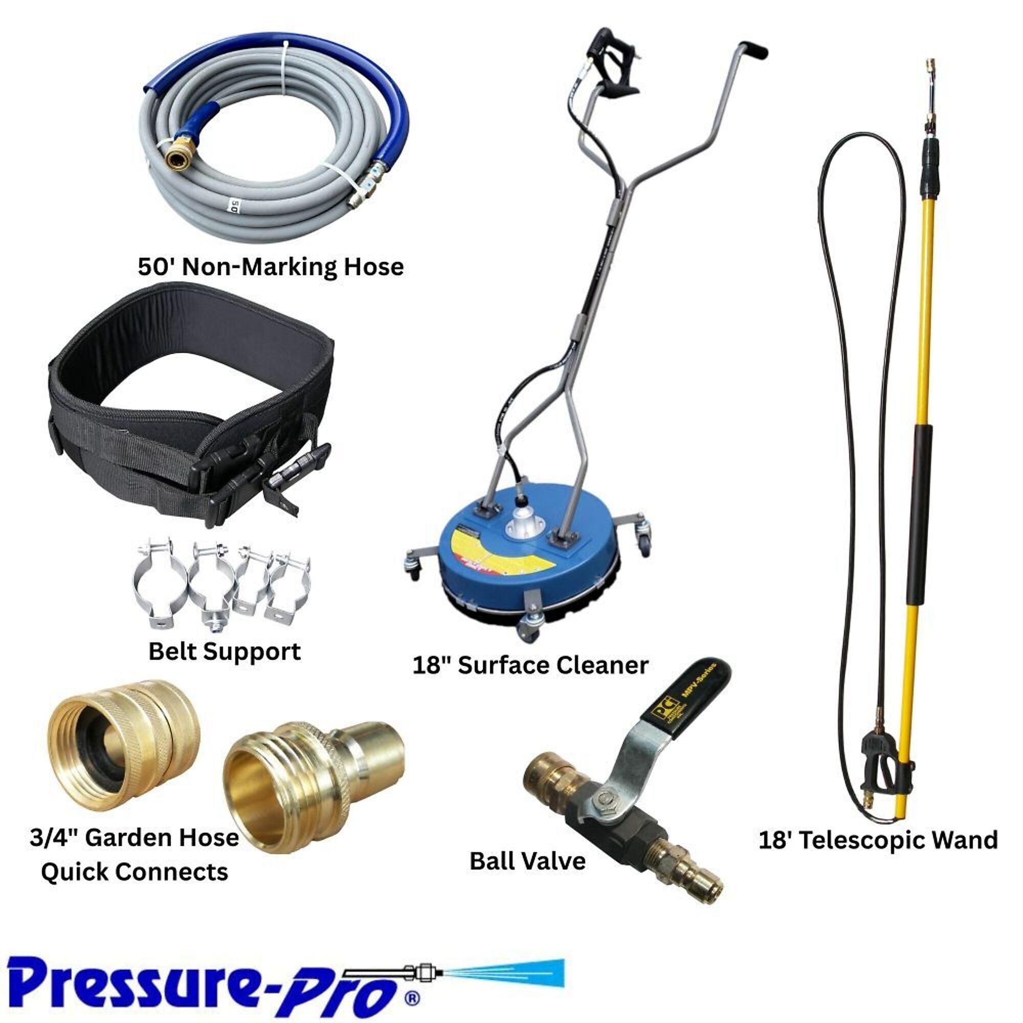 Pressure-Pro Pressure Washer Accessory Kit with 18 in. Surface Cleaner, 6–18 ft. Telescoping Wand, 50 ft. Hose, Support Belt and Quick-Connect Fittings